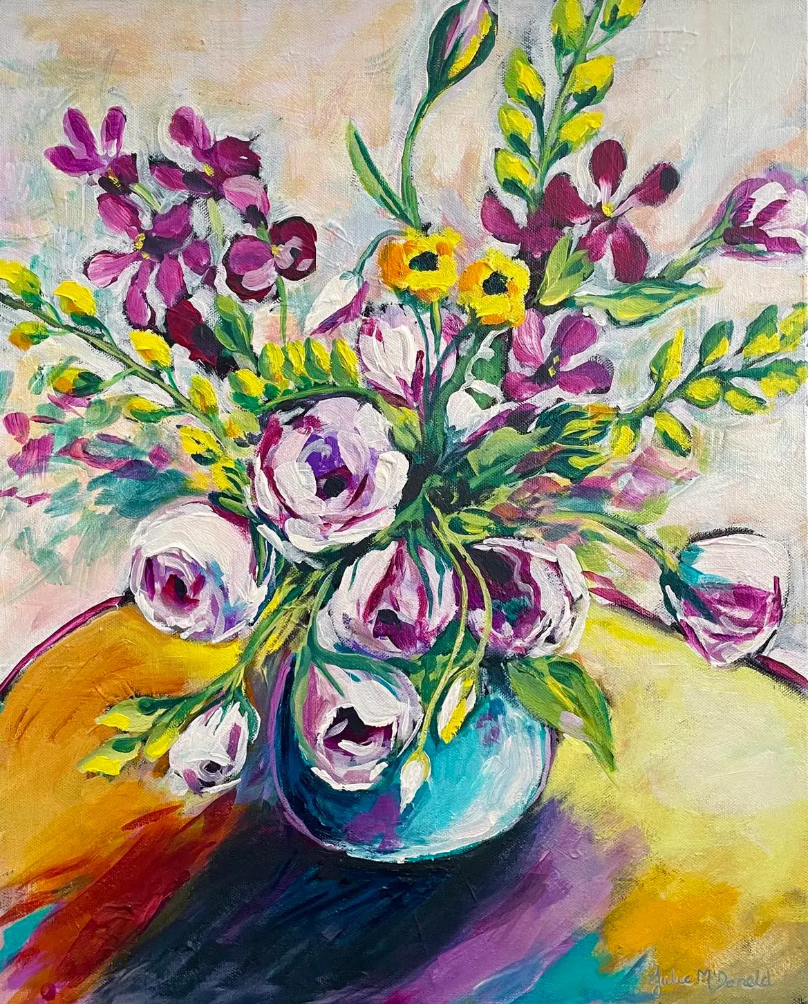 Purple and Yellow Florals in Vase